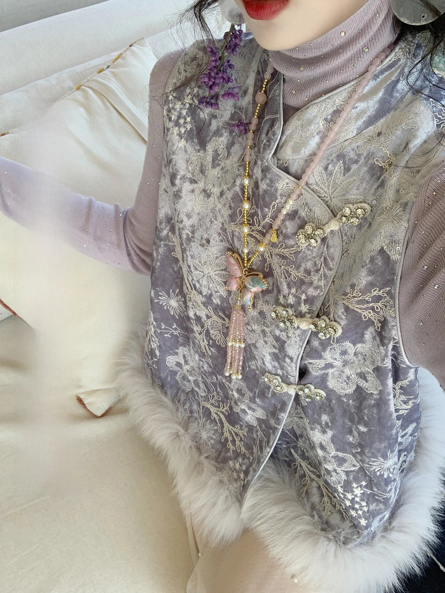 

Eees Heavy Embroidery Velvet New Chinese Sle Jaet Svel Patchwork Stand Collar Fur Trimmed Faion Women's Top