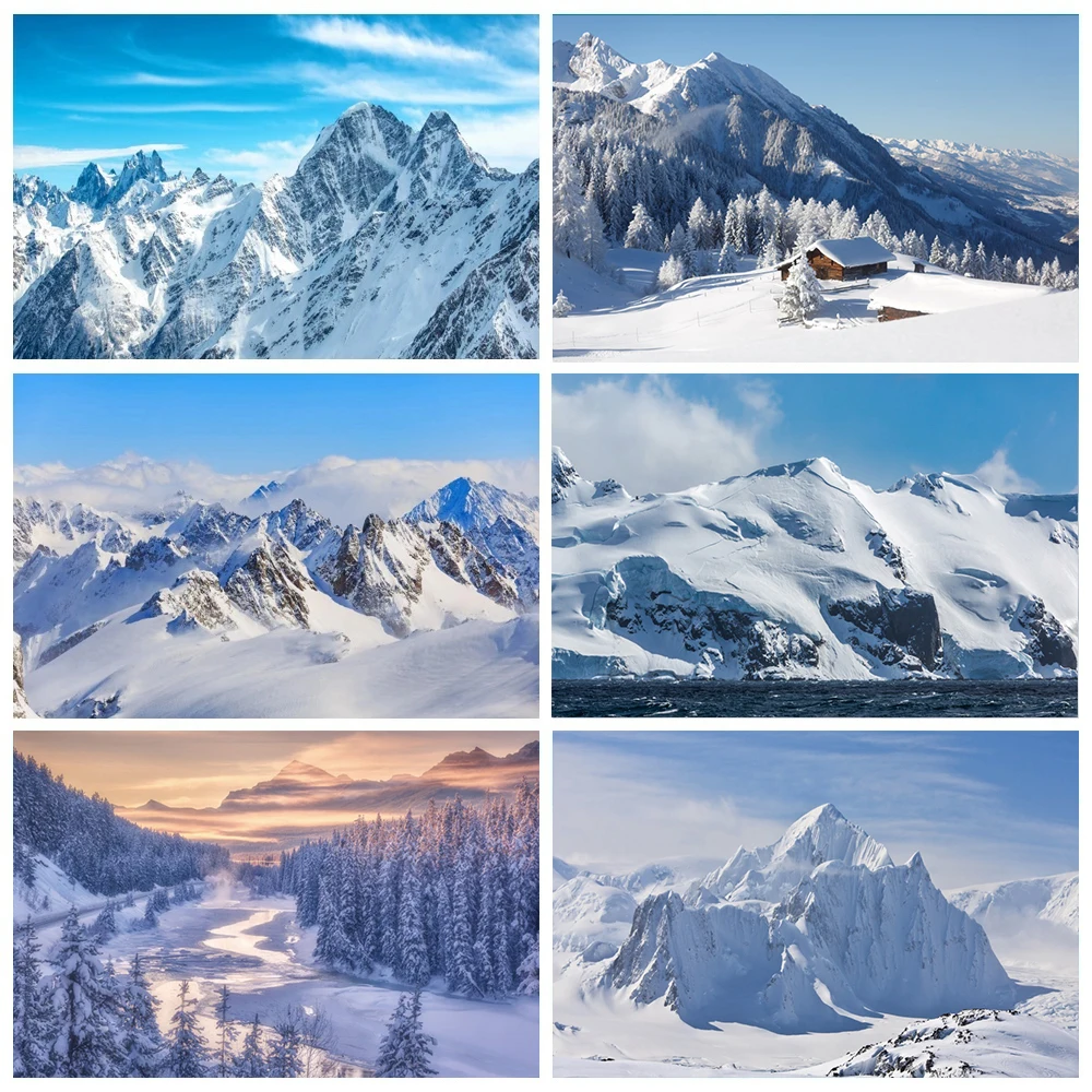 Laeacco Mountain Snow Winter Blue Sky Cloudy Natural Scenic View Photo Background Photography Backdrop Photocall Photo Studio