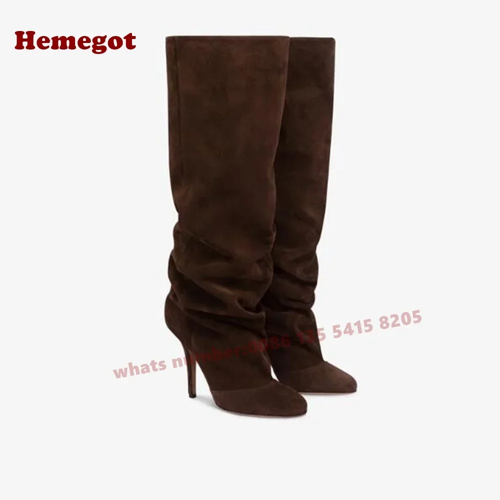 Brown Pleated Knee High Boots Round Toe Stiletto Heels Slip On Women\'s Long Boots 2025 New Winter Casual Shoes Luxury