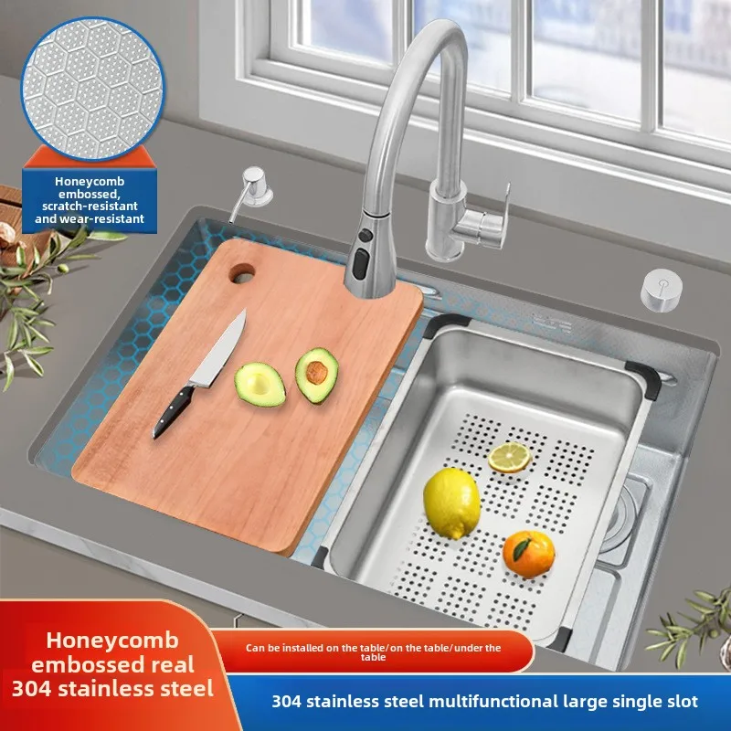 Thickened 4mm honeycomb embossed SUS304 stainless steel sink narrow side under the counter basin kitchen large single sink veget