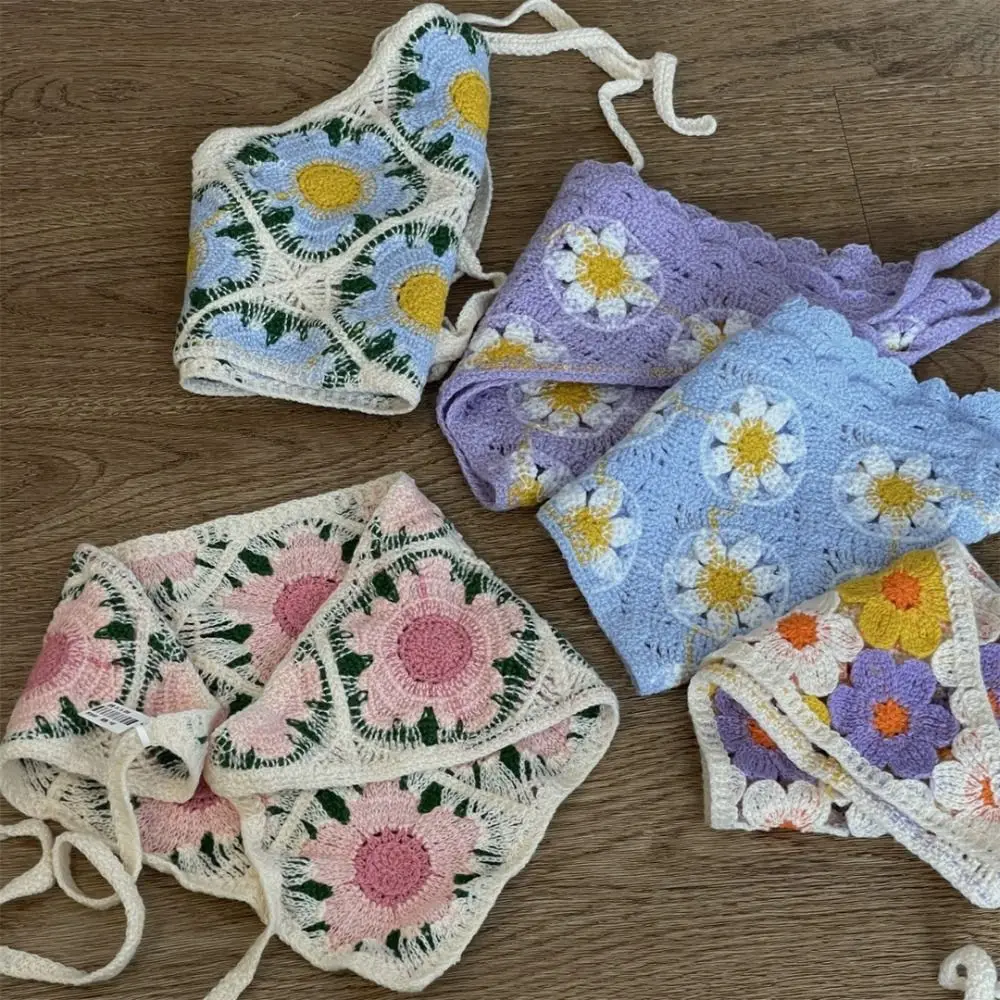 Ins Flower Women's Headscarf Sweet Breathable Triangular HairScarf Handmade Crochet Knitted Small Square Scarf for Autumn