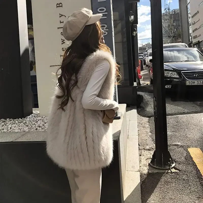 Pop Women Faux Fur Vest Sleeveless Fur Coats Loose Winter Fall Jacket For Ladies Faux Fur Cardigan Vintage Chic Waistcoat