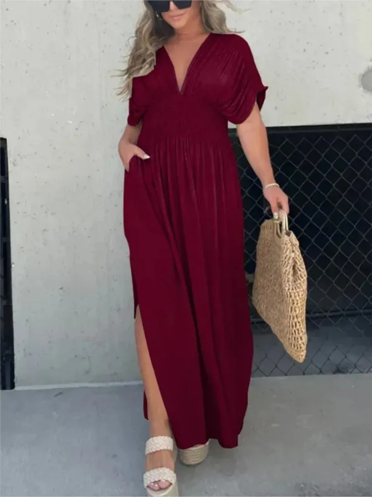 

Solid Color Long Dresses Women Summer New V-neck Backless Leace-up Bat Sleeve Slit Dress Fashion Casual Beach Vacation Vestidos