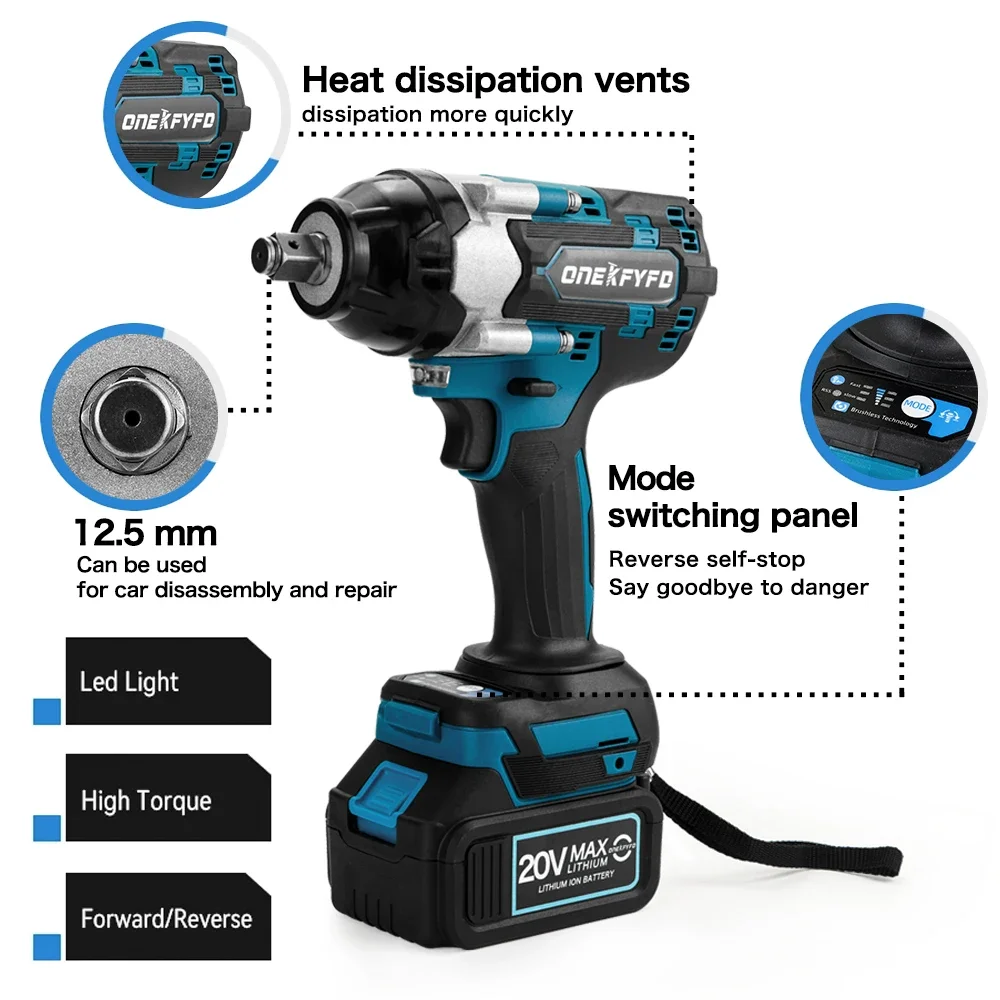 600N.M Brushless Cordless Electric Impact Wrench Rechargeable 1/2