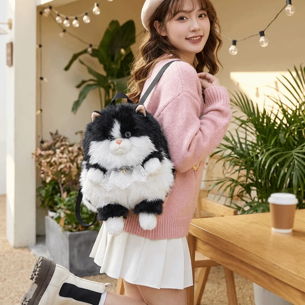 Fashion Soft Fluffy Cat Backpack Large Capacity Polyester Lining Rucksack Novelty Realistic Shoulder Bag Travel