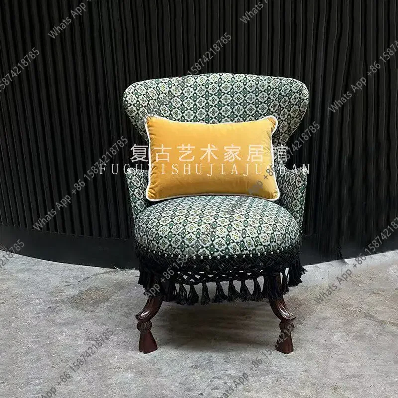 G Retro Green Jacquard Fabric Single Sofa, Fringed Exhibition Hall Decorative Solid Wood Chair Nostalgic