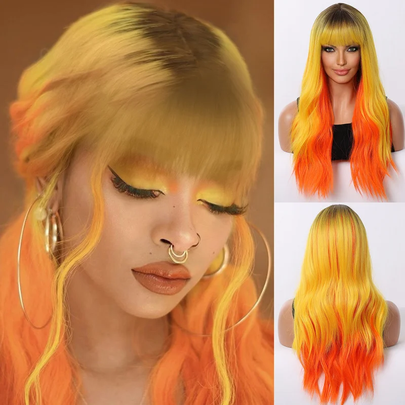 Fashionable Women's Orange with Gradient Wavy Long Curls, Eye-catching Multi-color Headpiece Wig