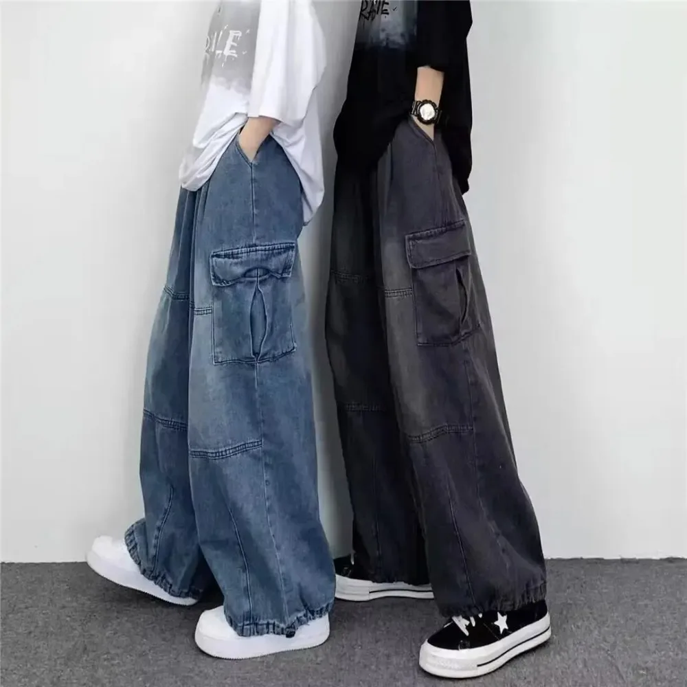 

DAILOU Spring Autumn Vintage Wide Leg Big Pocket Overalls Men Y2K Neutral Loose Straight Leg Casual High Street Hip Hop Jeans