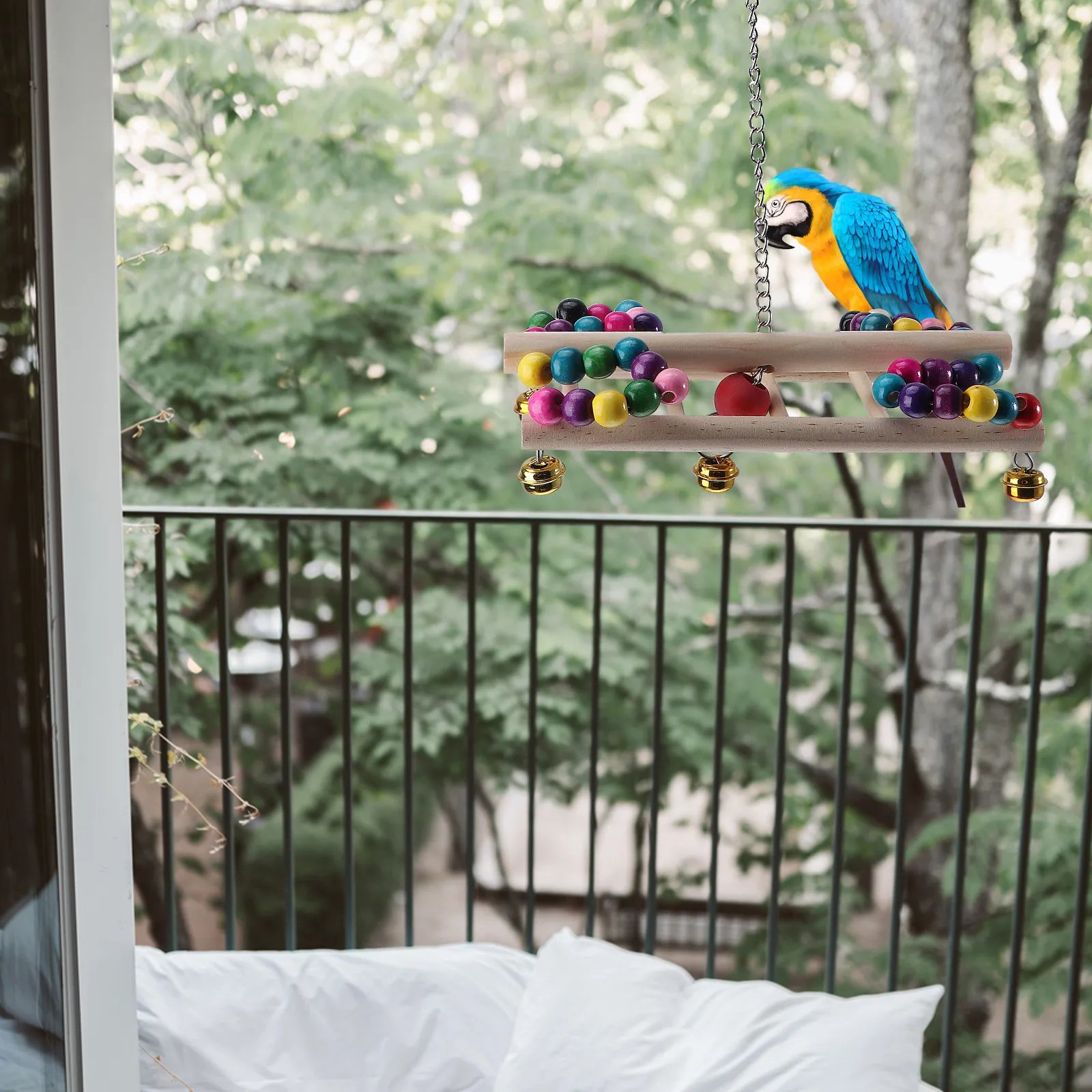 Colorful Parrot Wood Beads Hanging Bridge Swing Popular Birds Balanced Bite Hanging Parrot Chewing Bird Bite Toy