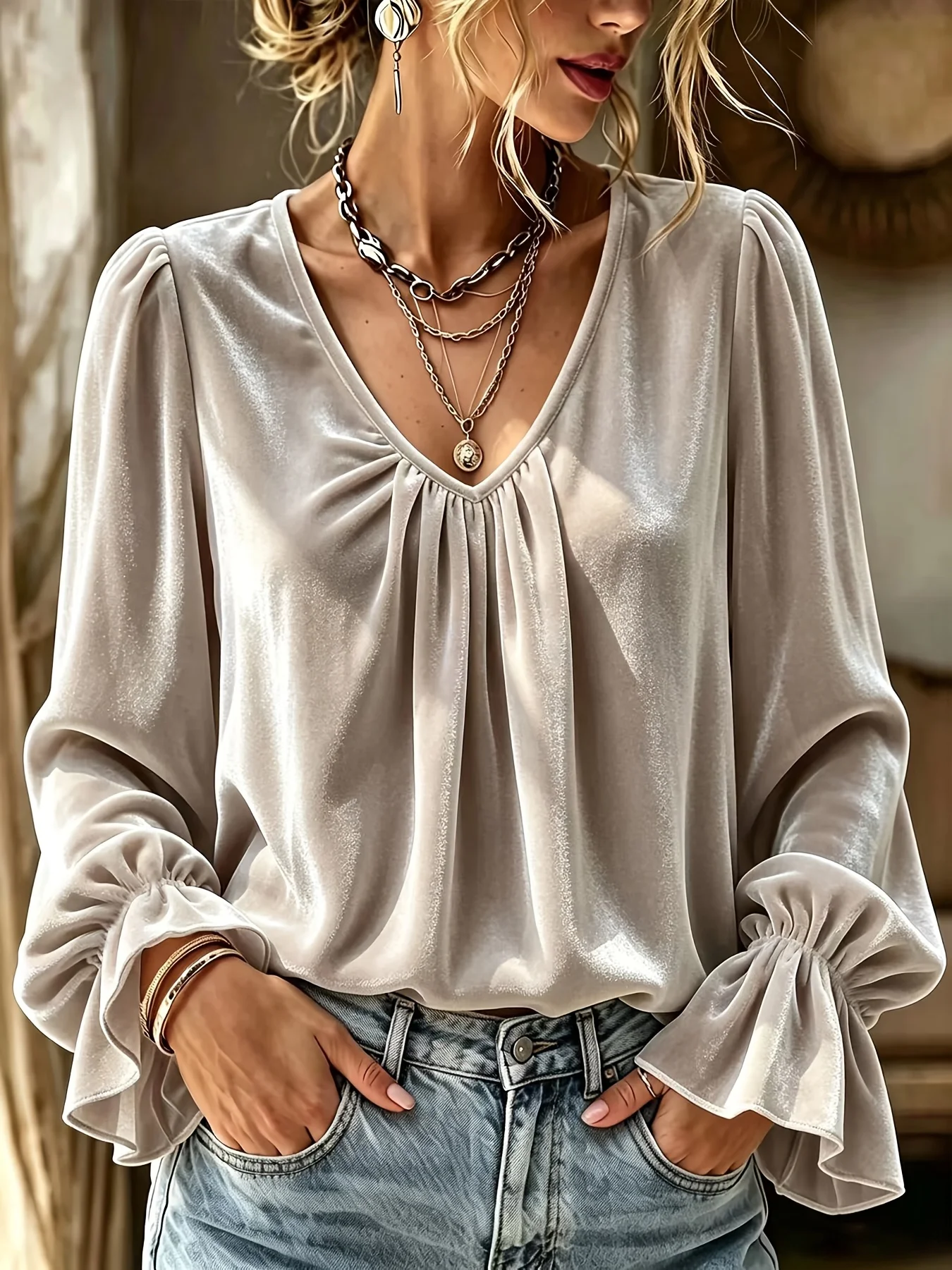 Plus-Size-Samtbluse für Damen, V-Ausschnitt, lange Ärmel, plissierte Laternenärmel, elegante burgunderrote Oberteile, lässiges, lockeres Hemd – Detail 16