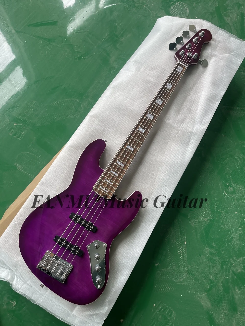Purple bass, 5 string bass, fixed bridge, Flamed maple top solid wood body white binding, maple neck, active battery, customizab