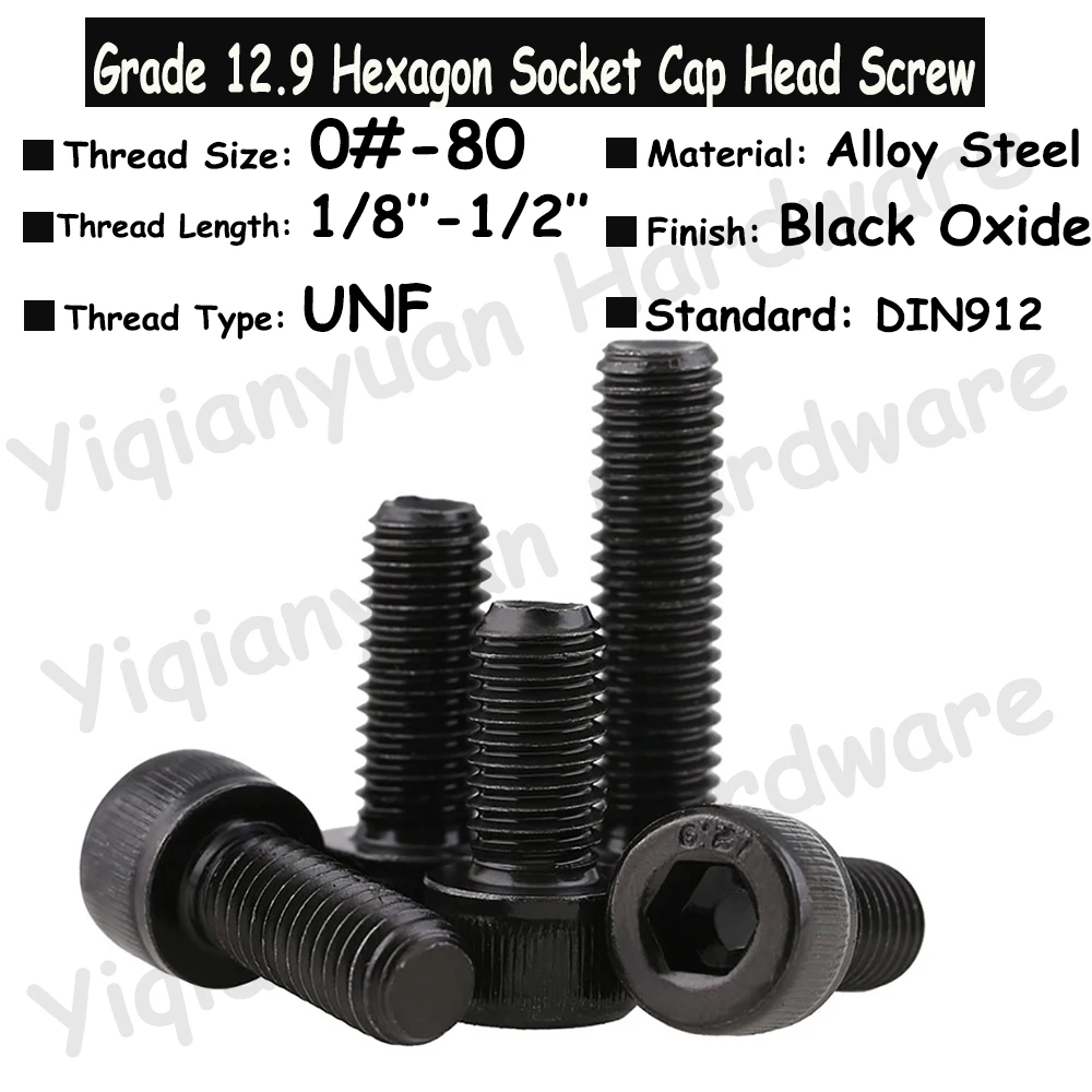 50Pcs UNF 0#-80 DIN912 Grade 12.9 Screws Alloy Steel Hexagon Socket Knurled Cap Head Bolts Allen Key Screws Length 1/8''-1/2''