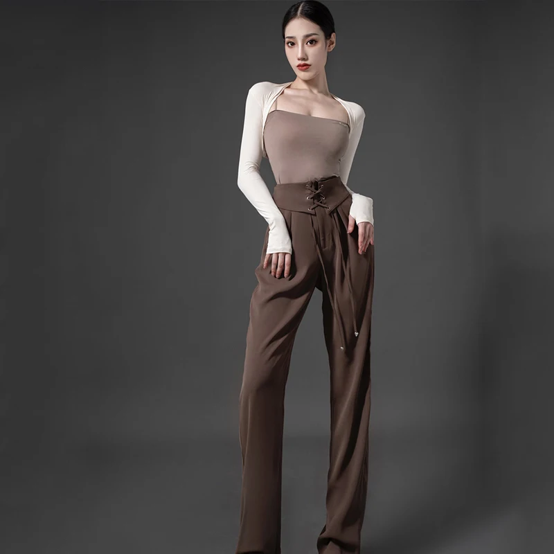 2023 New Latin Dance Costumes For Women Long Sleeved Brown High Waisted Pants Suit Chacha Modern Latin Performance Wear DQS13281