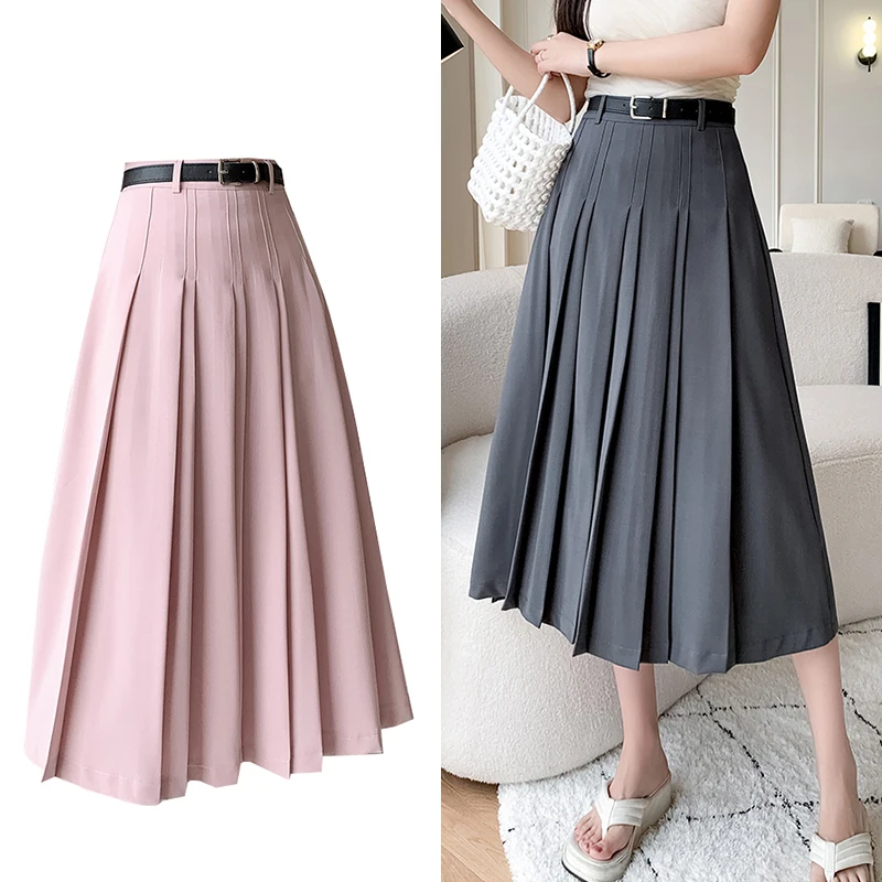 خمر عالية الخصر مطوي التنانير الطويلة للمرأة الربيع مكتب ارتداء ميدي ألف خط تنورة المرأة حزام رمادي وردي أسود Saia Plissada