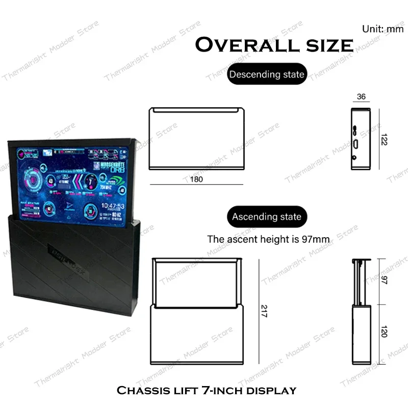 7-inch Monitor AUTO Lifter Display Screen Computer Case Laptop PC Secondary Screen Aida64 HDMI USB CPU GPU RAM HDD Monitoring