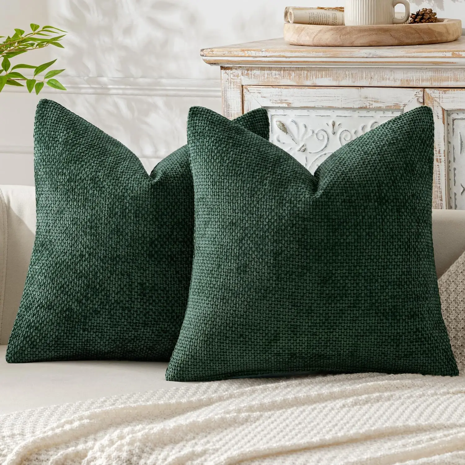 

Pa Of 2 Green Decorative Pillow Covers 18X18 H Soft Chenille Couch Throw Pillows Farmhouse Cushion Covers For Home Decor Sofa
