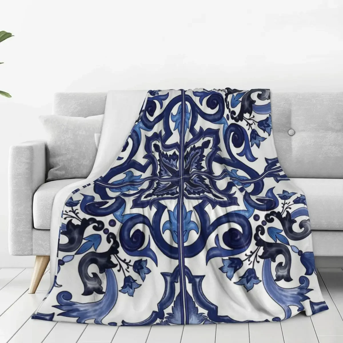 Blue Ornate Floral Mediterranean Sicilian Tile Blanket Fleece Sofa Throw Blanket For Couch Bedding Travel Throws Bedspread Quilt