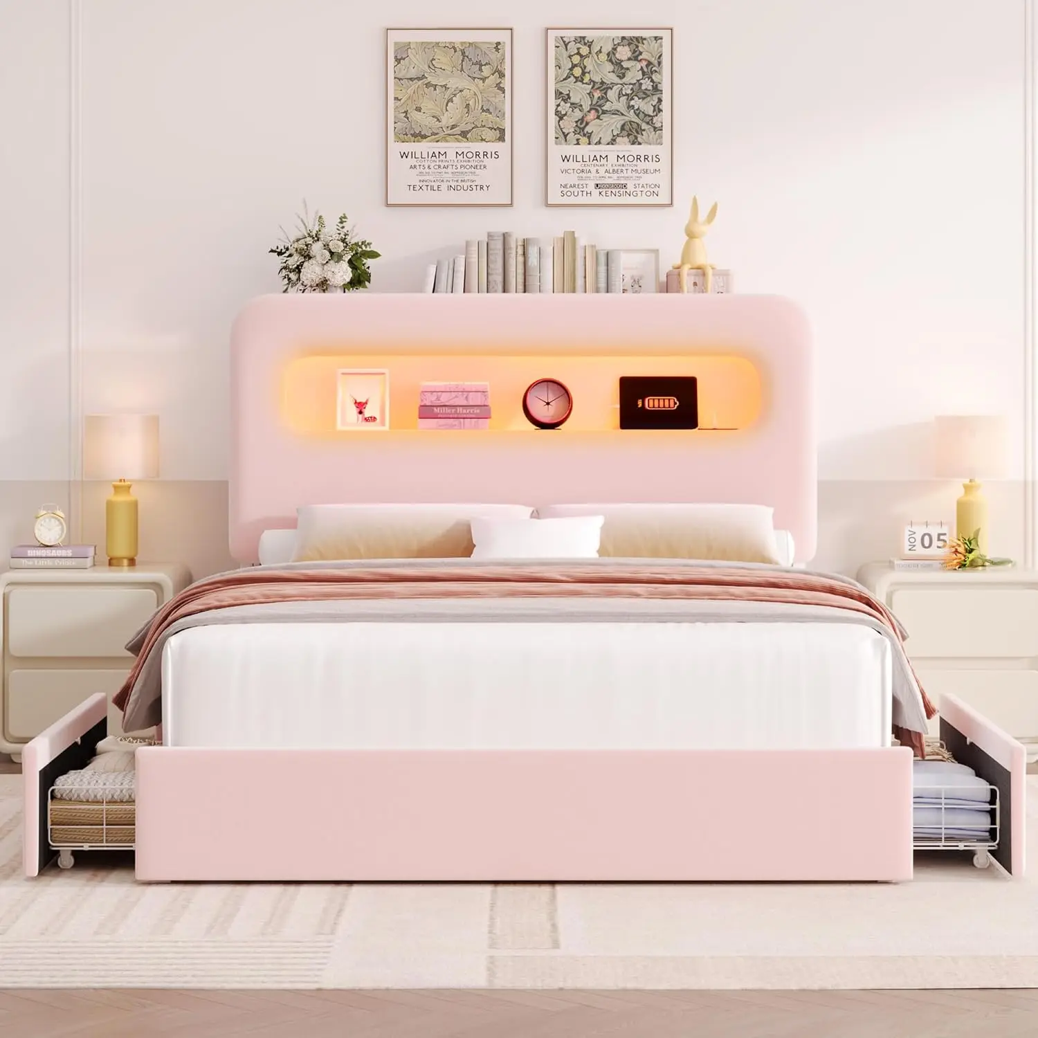 Estrutura de cama Hostack Queen Led com cabeceira de armazenamento e estação de carregamento, estrutura de cama para meninas com 2 gavetas e portas USB, veludo