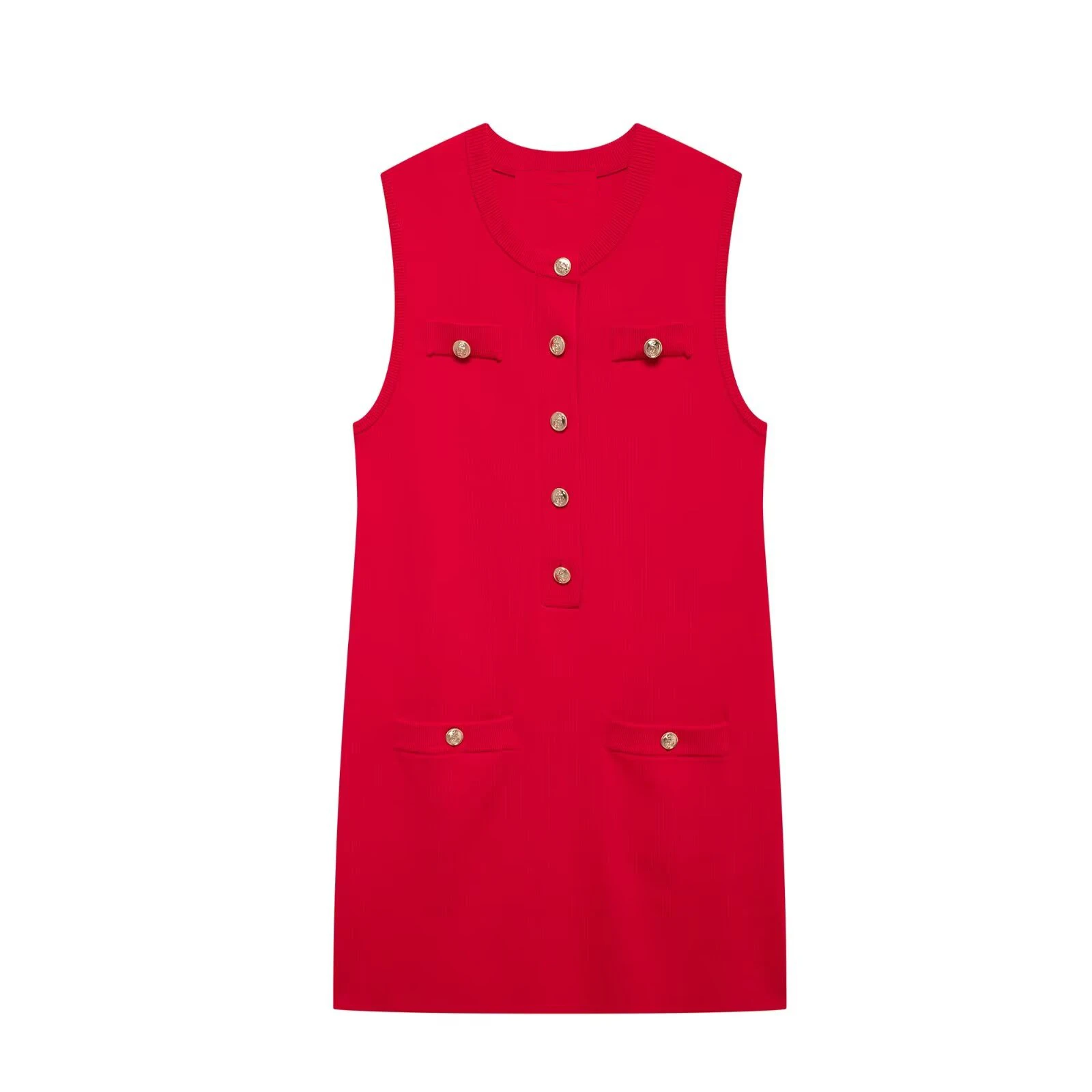 Tangada 2024 Women Red Buttons Knitted Tank Dress Sleeveless Female Mini Dresses 3h0614