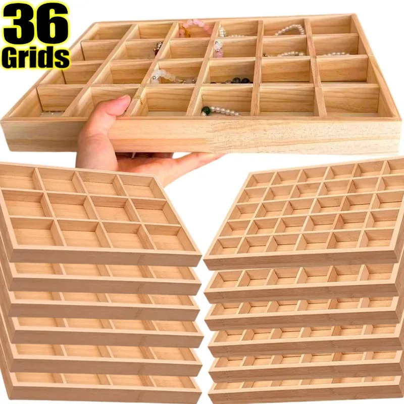 

36Grids Wooden Jewelry Organizer Large Capacity Tray Jewellery Loose Beads Bracelets Watches Strings Display Tray Holder Boxes