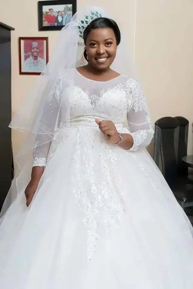 Vestido de baile personalizado, gola redonda, manga longa, apliques de renda, preto, feminino, vestidos de casamento, ombro de fora, 2023