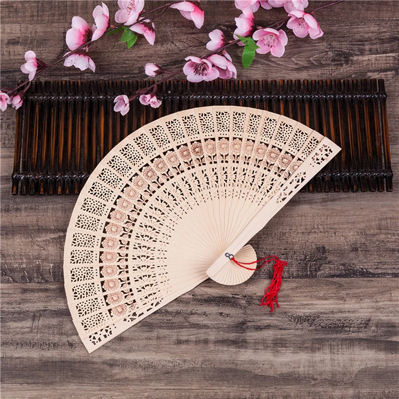 Fashion Wedding Hand Fragrant Carved Bamboo Folding Fan Chinese Wooden Fan Vintage Hollow Antiquity Folding Fan Home Decor