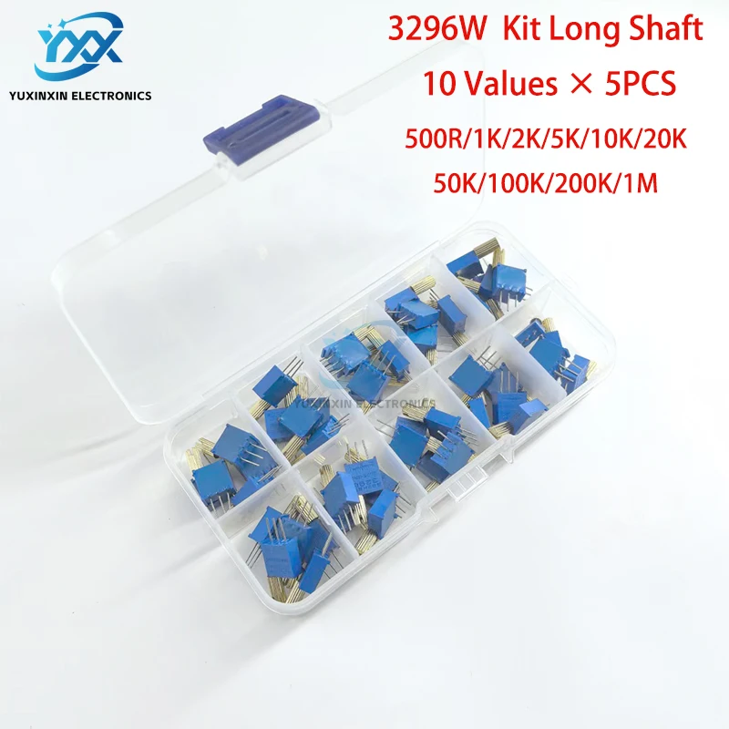 

50PCS 3296W Multi-Turn Potentiometer Assortment Kit Boxed Long Shaft 10 Values ×5PCS Each 500R 1K 2K 5K 10K 20K 50K 100K 200K 1M