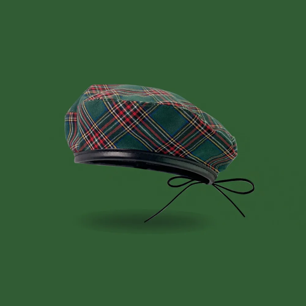 Personality British Style Tartan Plaid Beret Drawstring Y2K Painter Hat PU Leather Trim Green Artist Hat Streetwear