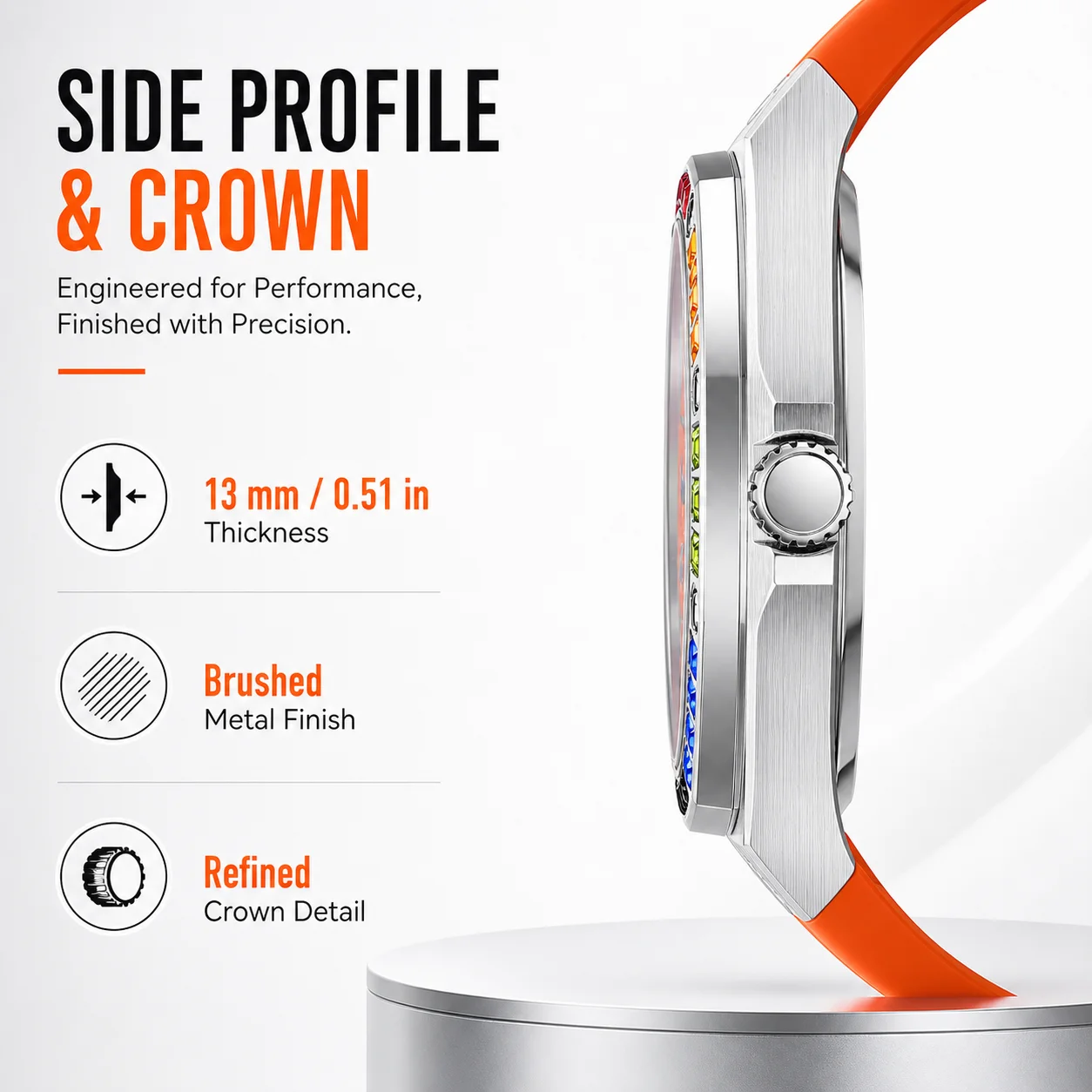 Men's Automatic Mechanical Watch 43mm Large Face Open Heart Luminous Color Gem Bezel Orange Silicone Strap