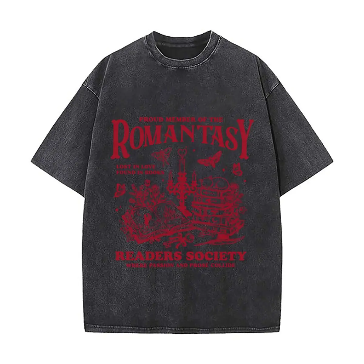 Romantasy Readers Society Lost In Love Found In Books Books Candles Butterflies Washed Short Sleeve Loose Streetwear Tee Hip Hop