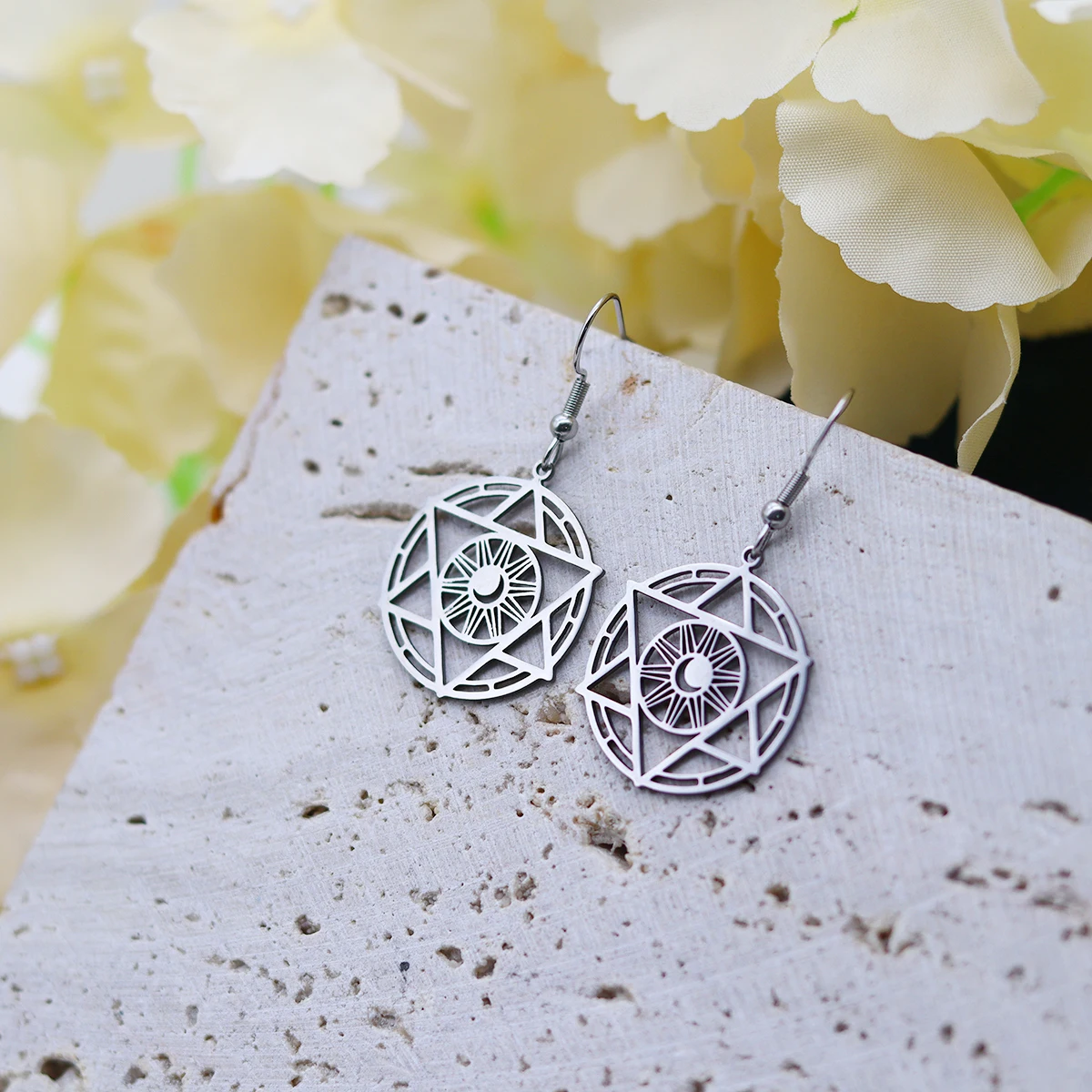 Kinitial Star of David Crescent Sun Earrings For Women Stainless Steel Hollow Geometry Earring Amulet Jewelry Anniversary Gift