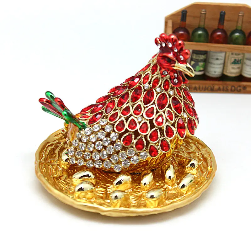 SHINNYGIFTS New Year Gifts Metal Enamel Rooster and Hens Trinket Box Home Decorative Gift Box