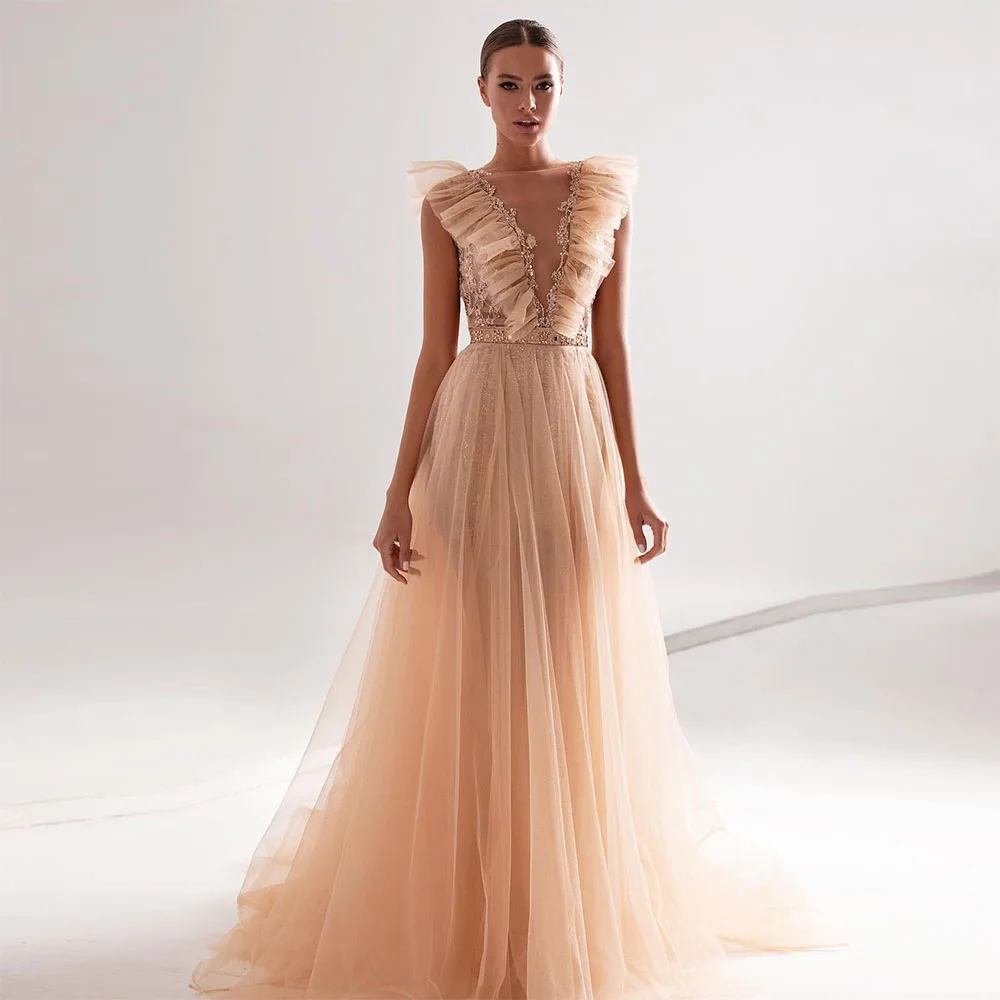 

Elegant Ball Gown Crystal Beaded Fine Sequin V-Neck A-Line Ruffle Long Evenin Formal Party Belt Floor-to-Fresh Pleated Neckline