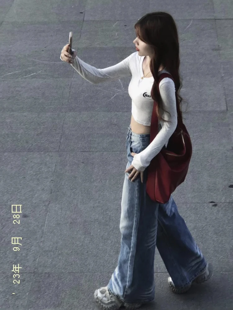 Light Blue Lightning Stripe Wide Leg Jeans Women's High Waist Floor Length Straight Lazy Pants Spring Autumn New Arrival