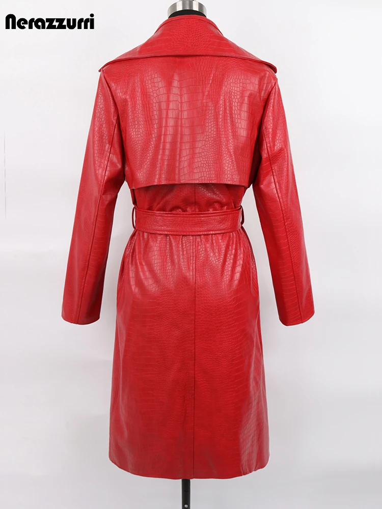 Nerazzurri Autumn Long Loose Red Crocodile Print Leather Trench Coat for Women Belt Double Breasted Waterproof Raincoat Fashion