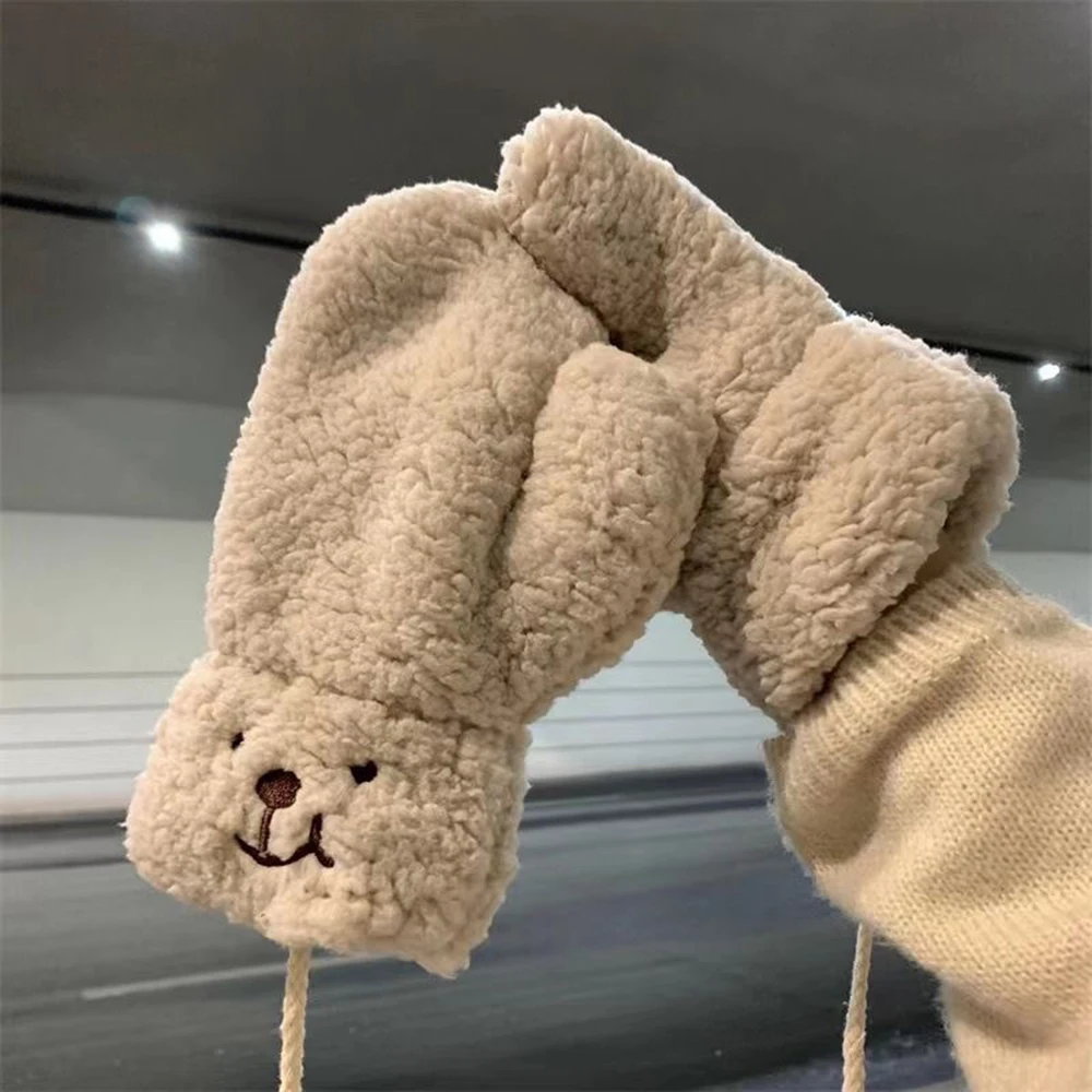 Cute Bear Plush Warm Gloves Winter Thick Fingerless Mittens Japanese Anime Gloves with Ropes Outdoor Hand Warmer Riding Mittens