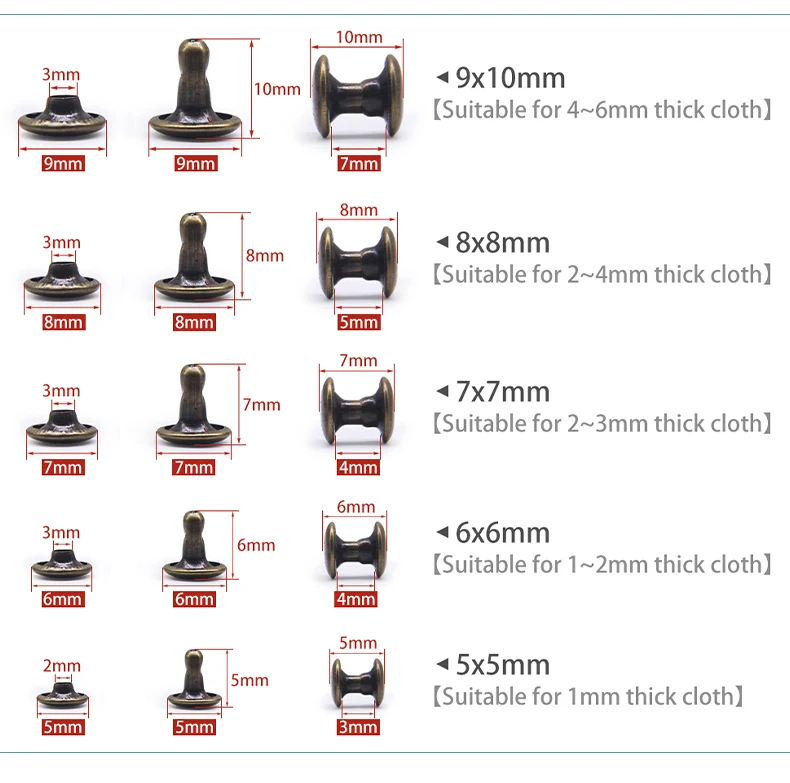 Neue 100sets 5/6/7/8/9mm Messing Metall Doppel Kappe Nieten Studs Runde niet Für Leder Handwerk Tasche Kleidungsstück Handgemachte DIY Zubehör – Detail 3