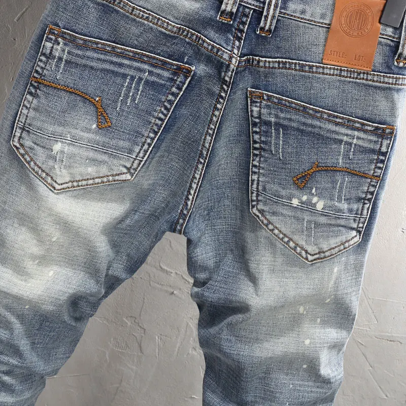 Newly Designer Fashion Men Jeans High Quality Elastic Stretch Slim Ripped Jeans Men Painted Vintage Casual Denim Pants Hombre