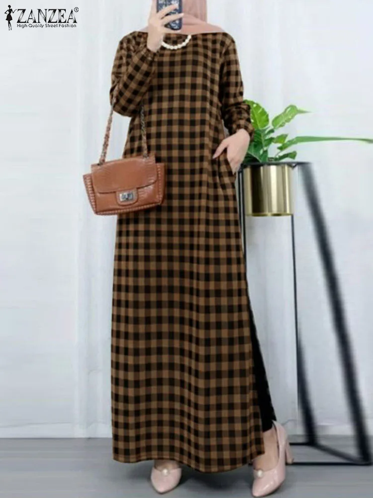 ZANZEA-Robe Maxi Vintage à Carreaux pour Femme, Mode Musulmane, Abaya, Printemps, Manches sulf, Plaid, Kaftan Éducatif, Turquie