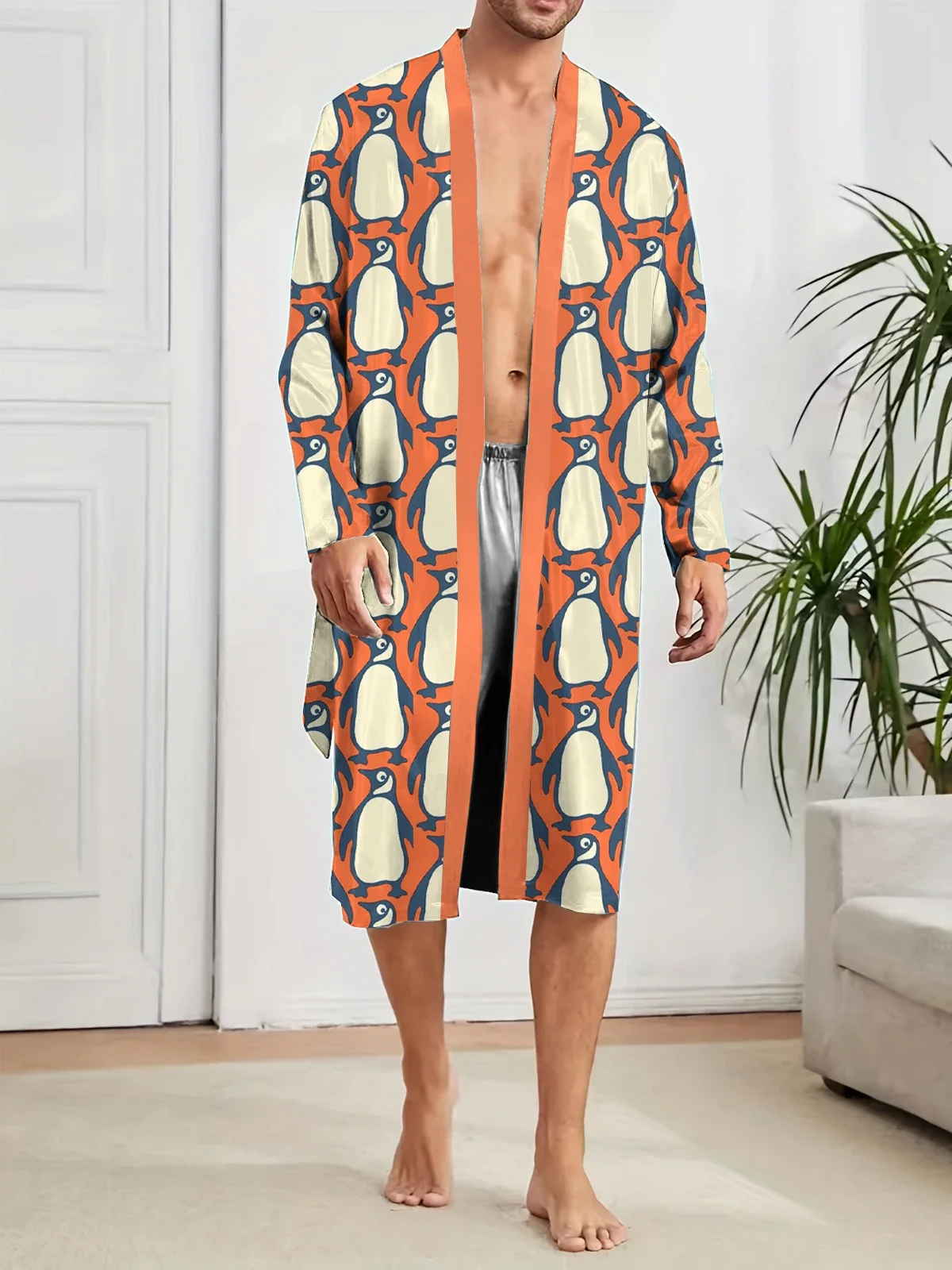 

Men Home Sleeping Robe 2025 New 3D Printed Penguin Pattern Spring Autumn Thin Quick Drying Skin friendly Bathrobe Long Nightgown