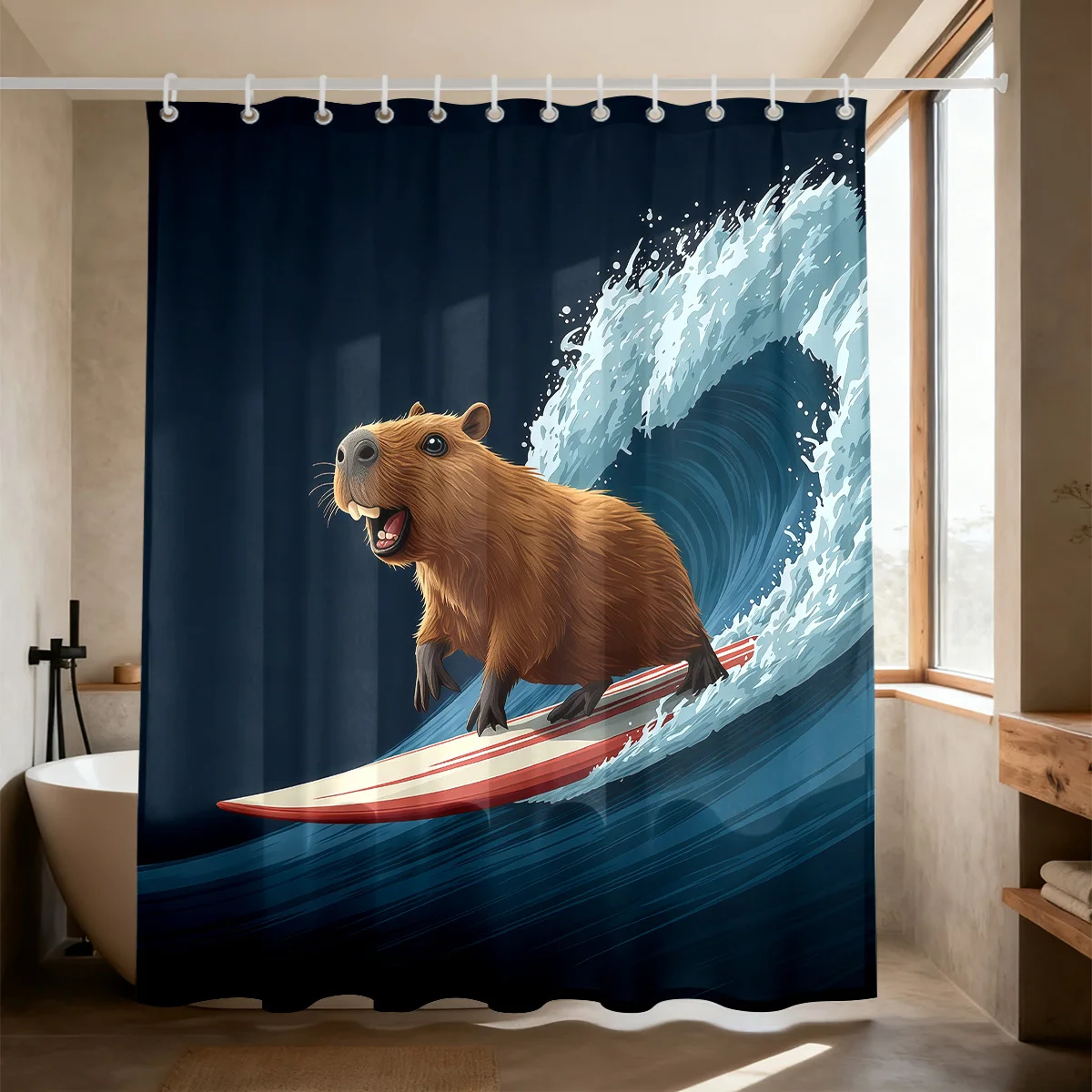 Cute Squirrel Surfing Wave Print Ocean Shower Curtain Bathroom Waterproof Novelty Liners Tropical Decoration 180x180cm