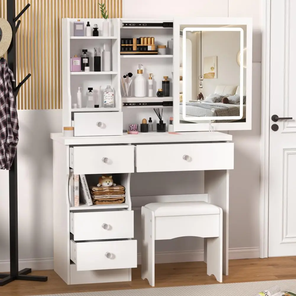 Bedroom Dressing Table Makeup Desk with Stool 5 Drawers Vanity Desk with LED Lighted Mirror Open Shelves Hidden Storage Space