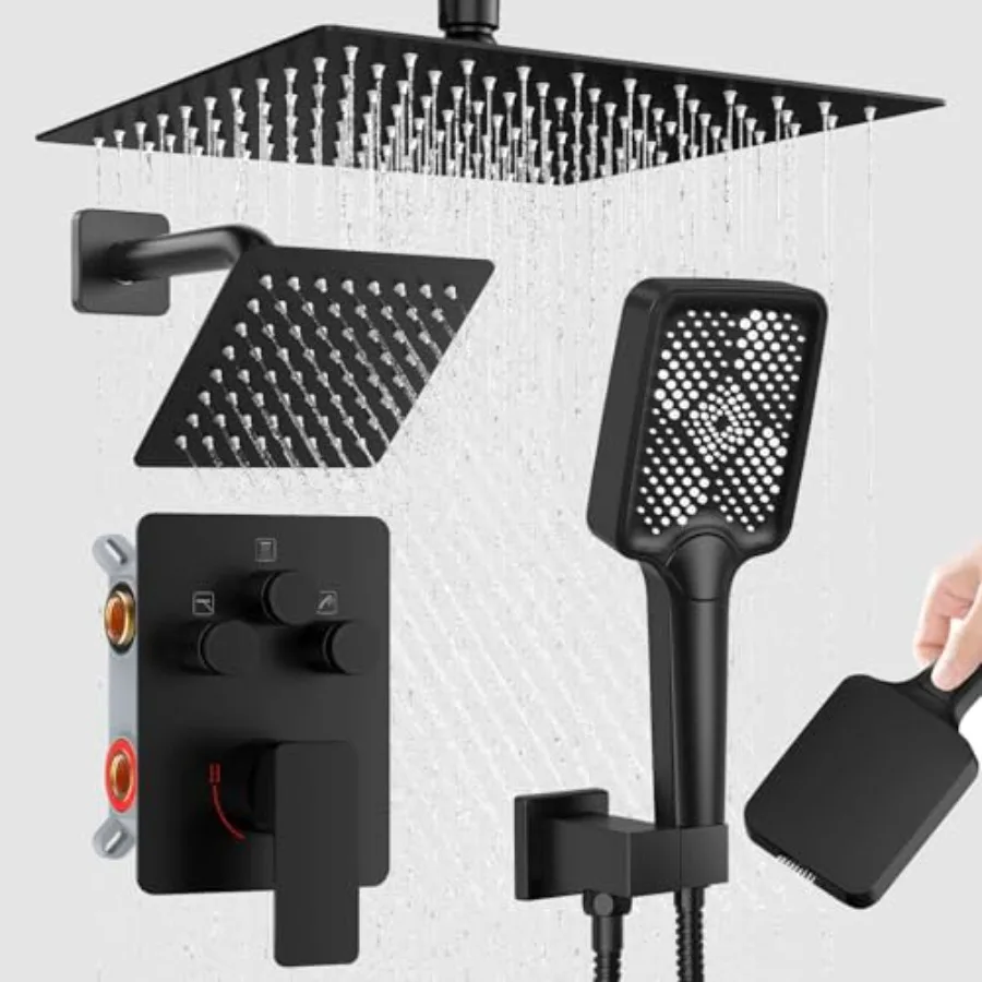 

Shower Faucet SetMatte Black Push Button Shower System with Rain Shower and Handheld Black Shower Faucet with Valve Ceiling Mou