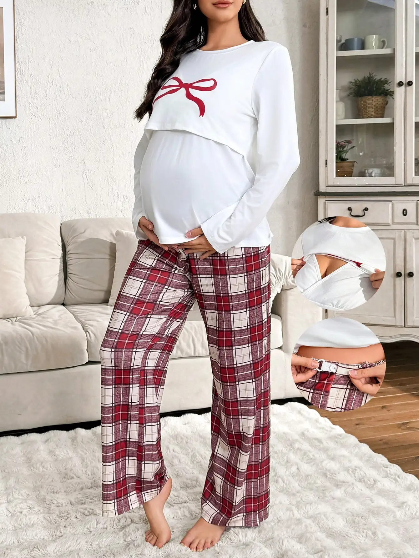 

2-Piece Maternity Nursing Pajama Set - Bow Print Top & Plaid Pants, Soft Lounge Wear for Pregnancy