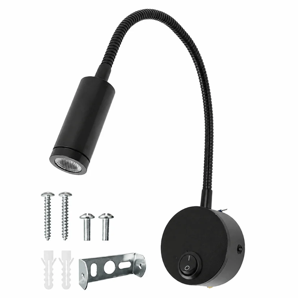 Gooseneck Reading Light 3W 3000K Warm White LED Wall Light 360 Degree Adjustable Black Reading Lamp Closeup Work