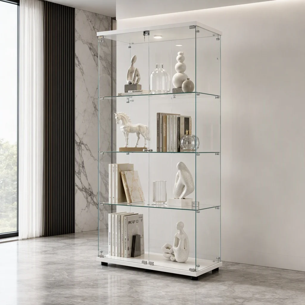 Comanlai, vetrina per vini in vetro bianco, espositore in vetro trasparente da terra, mobile a doppia anta per oggetti da collezione, libri, ufficio, soggiorno.