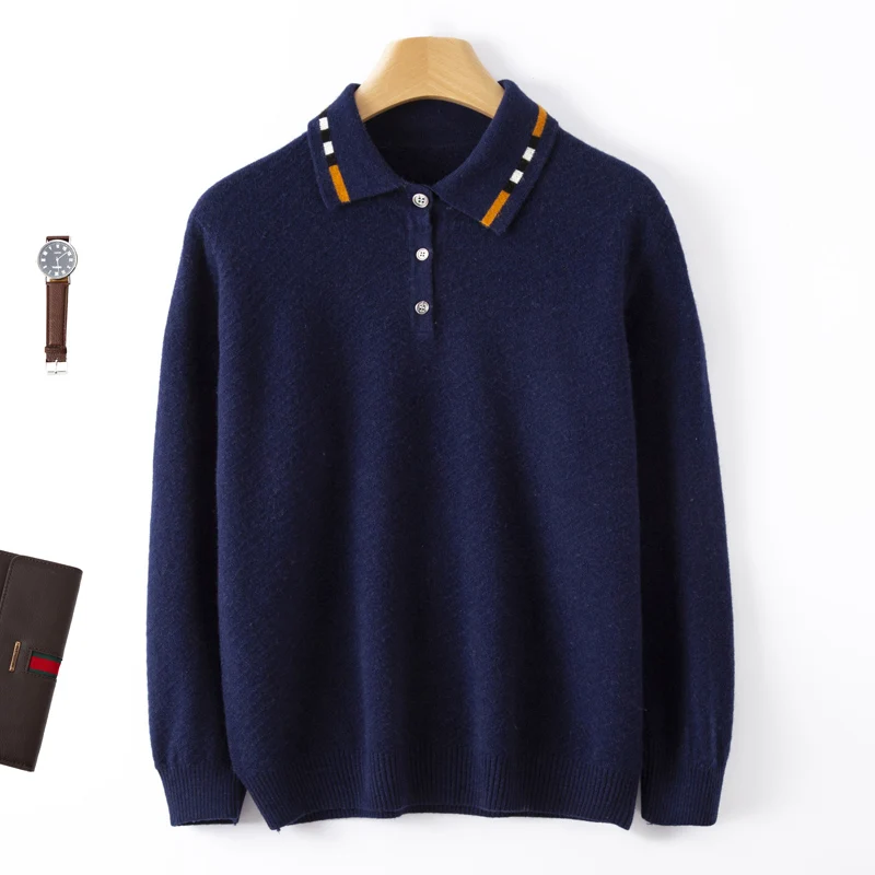 Autumn And Winter New High-End Men's 100% Pure Wool Knitted Bottoming Long Sleeve Shirt Collar Casual Sweater