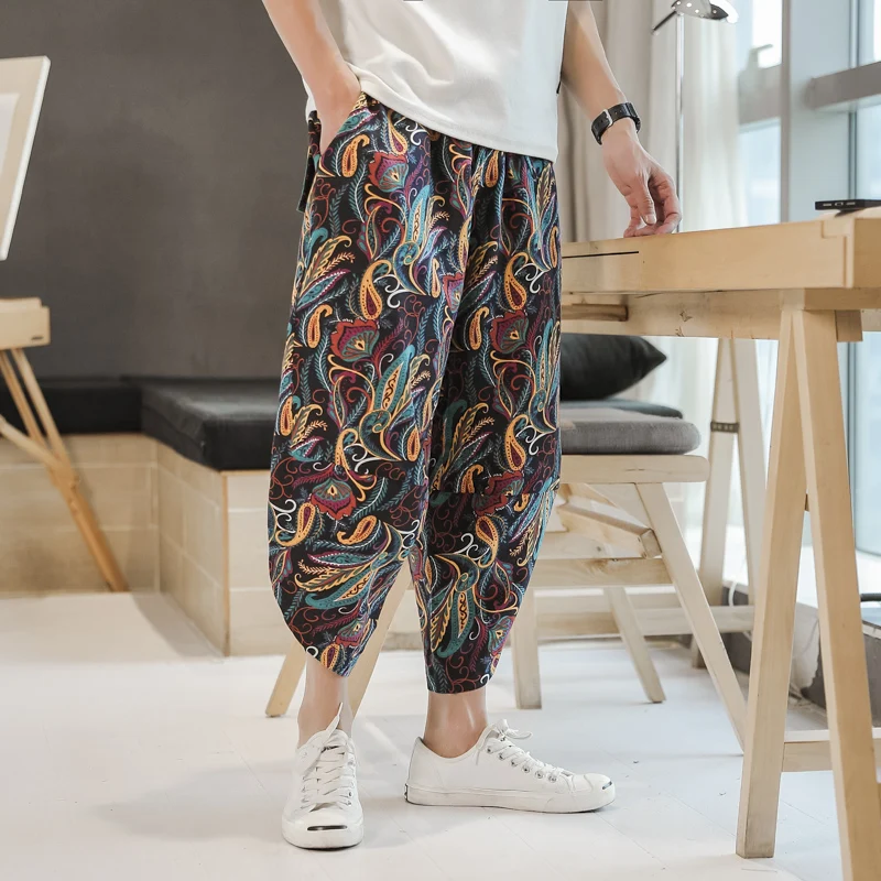 2023 Summer Harajuku Cropped Pants Casual Men's Pants Wide Leg Cotton Linen Printing Harem Baggy Pants Fashion Men's Clothing