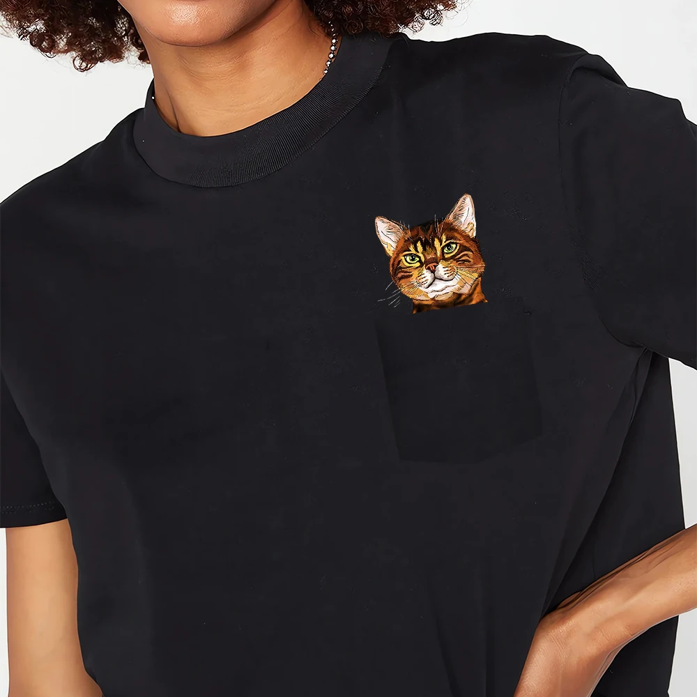 CLOOCL Tabby Cats Cotton T-Shirts Funny Animals Show Double Middle Finger Print Pocket T-shirt Women Clothing Short Sleeve Tees