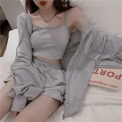 Loungewear Women 3 Pieces Summer Sleepwear Ensembles De Pyjama Nightgown Suits with Shorts Home Wear Roomware 2020